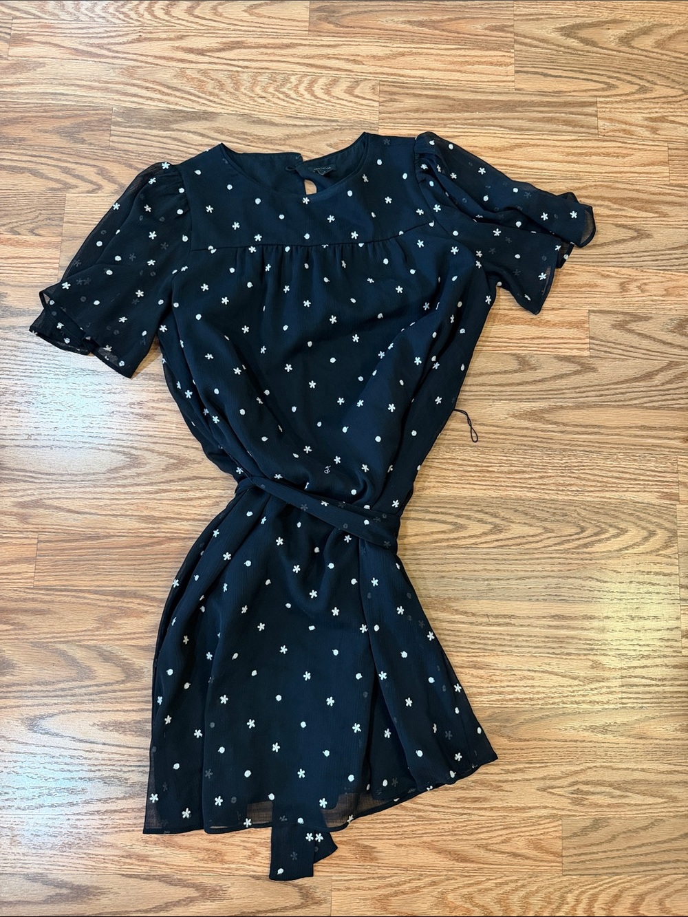 Black Floral-Print Short Dress with Tie Waist
